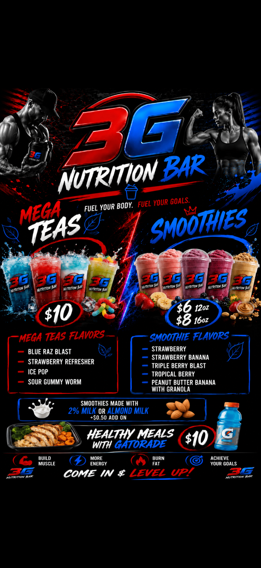 3G Nutrition Bar full menu — Mega Teas, Smoothies, and Healthy Meals