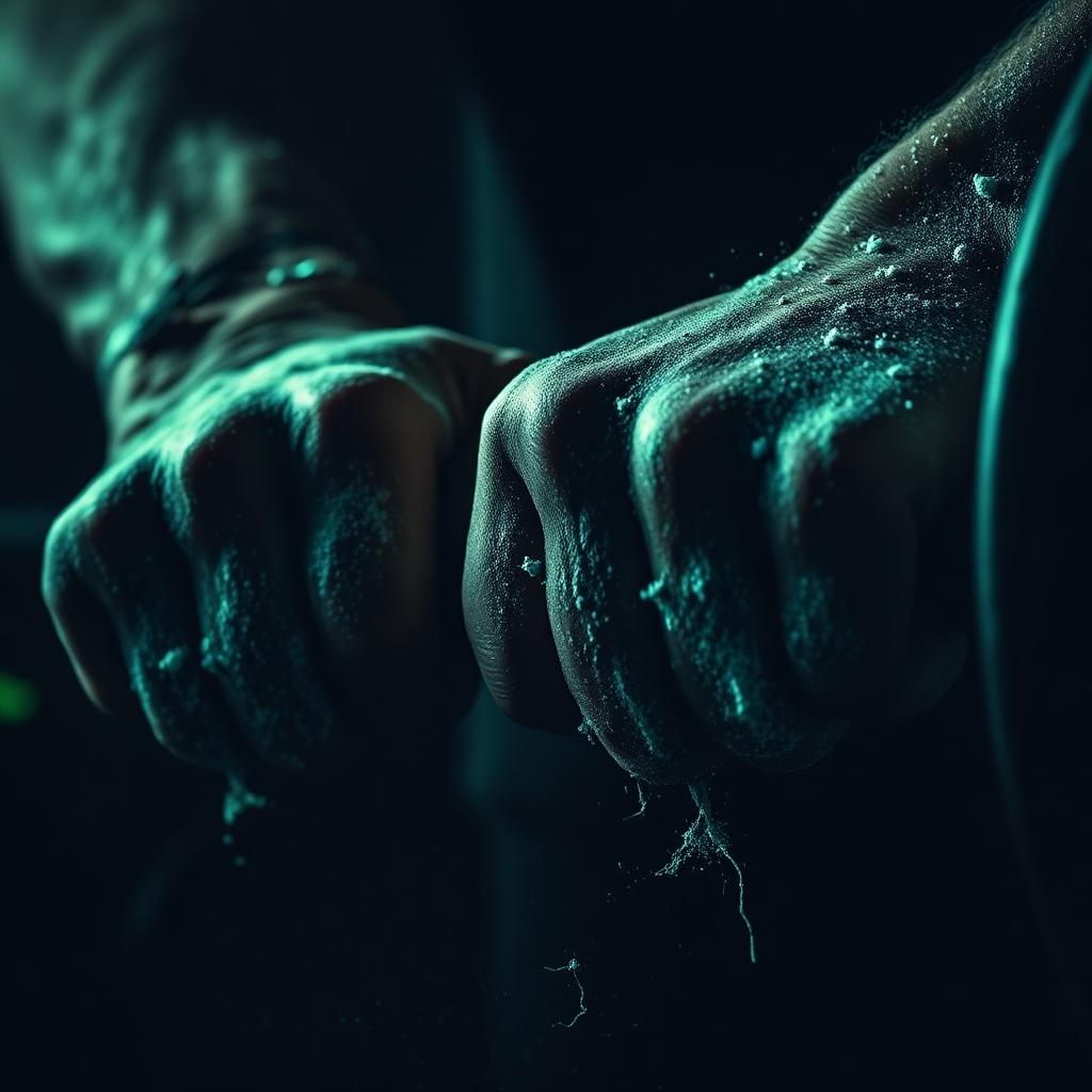 Chalked hands gripping barbell